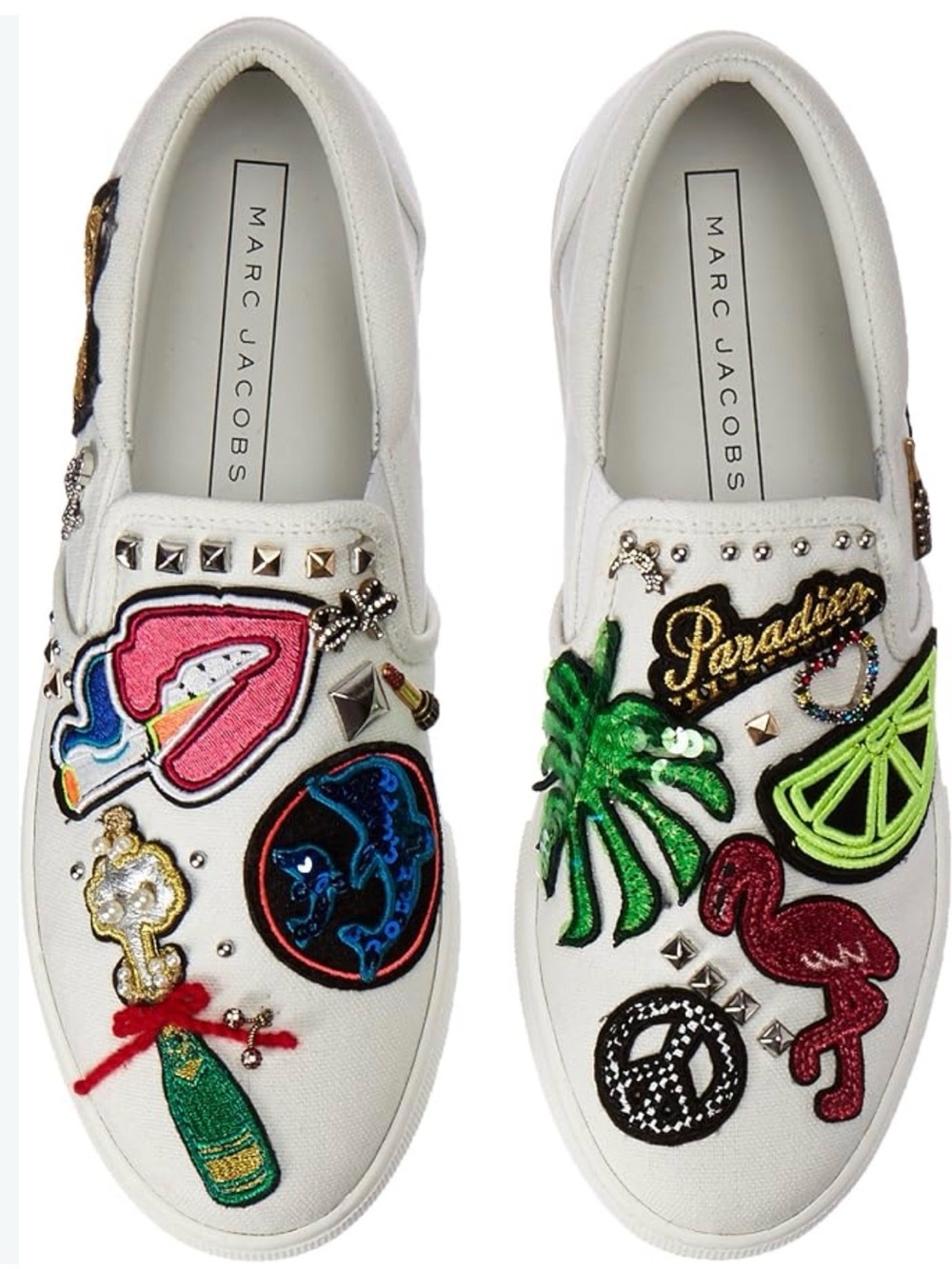 Marc Jacobs Mercer SkateWhite Embroidered Slip-On Sneakers with Colorful Patches